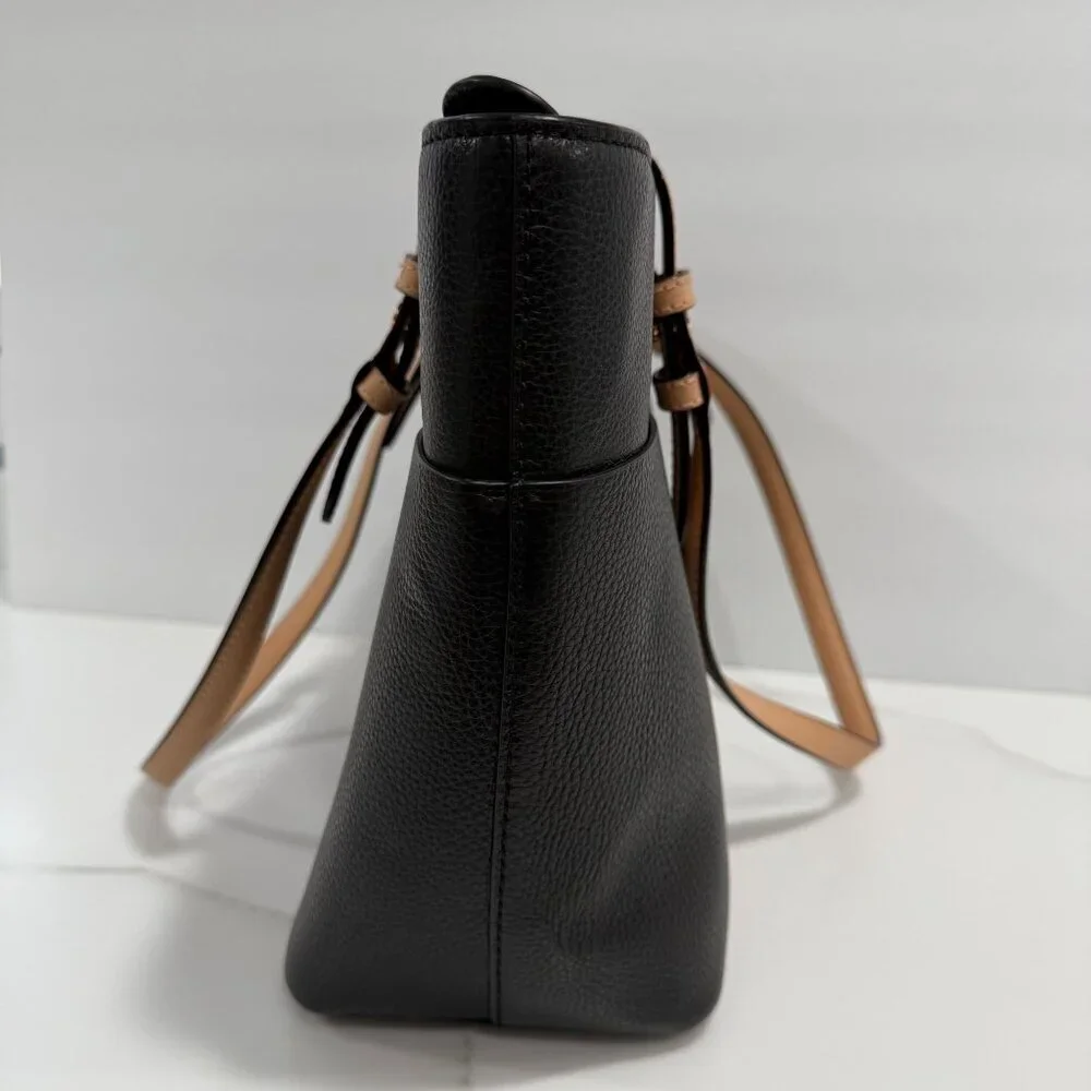 Michael Kors Bedford Pebbled Leather Pocket Tote Handbag Black Tan Straps Travel - Picture 7 of 12